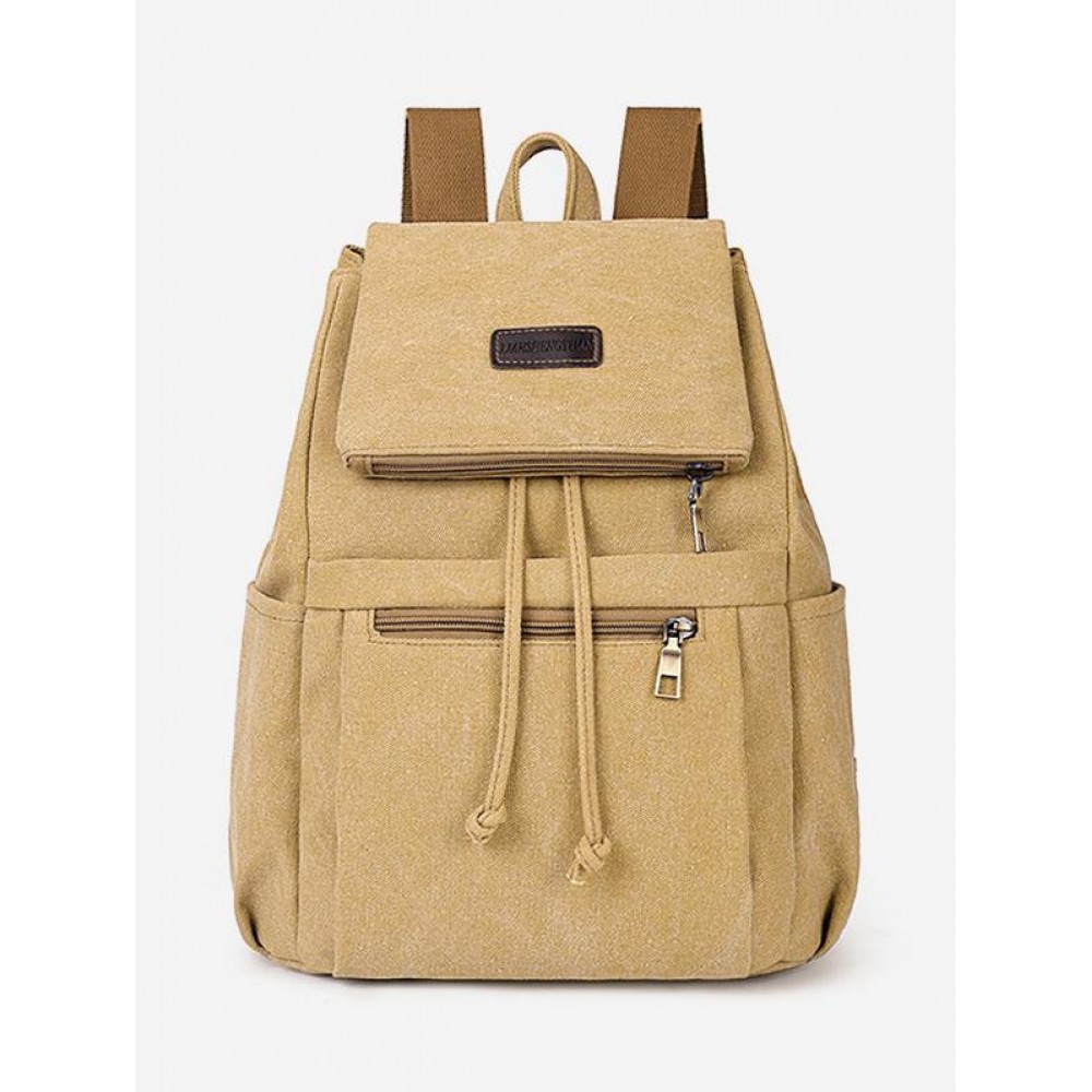 Drawstring Patch Decor Canvas Backpack