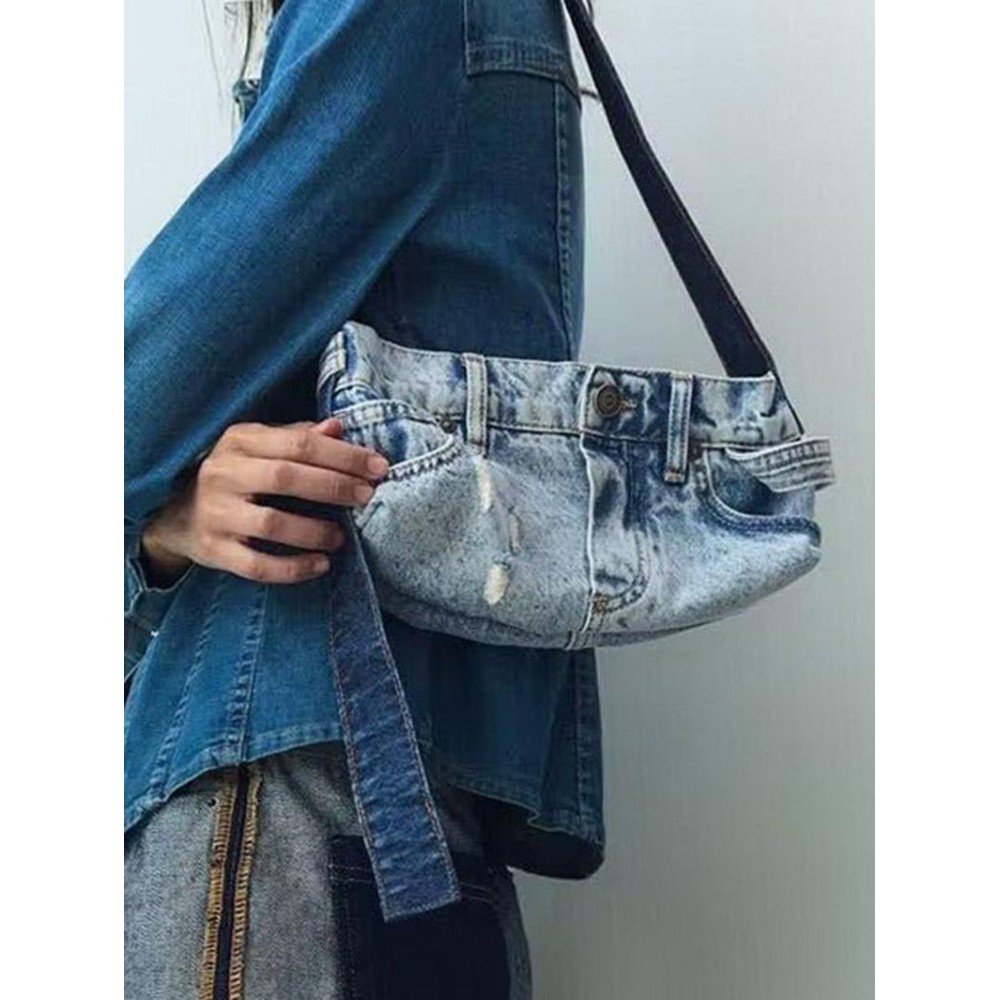 Women's Retro Washed Patchwork Design Ripped Denim Shoulder Bag Women's Retro Washed Patchwork Design Ripped Denim Shoulder Bag