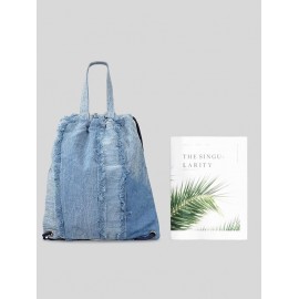 Women's Daily Denim Outdoor Sports Drawstring Frayed Fringed Design Shoulder Bag