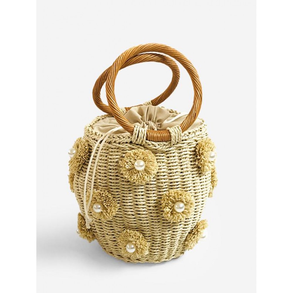 Floral Applique Faux Pearls Straw Bucket Bag Floral Applique Faux Pearls Straw Bucket Bag